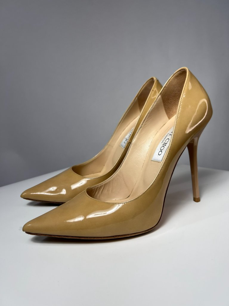 Jimmy Choo Anouk Nude Patent Leather Pointed Toe Pumps 36.5